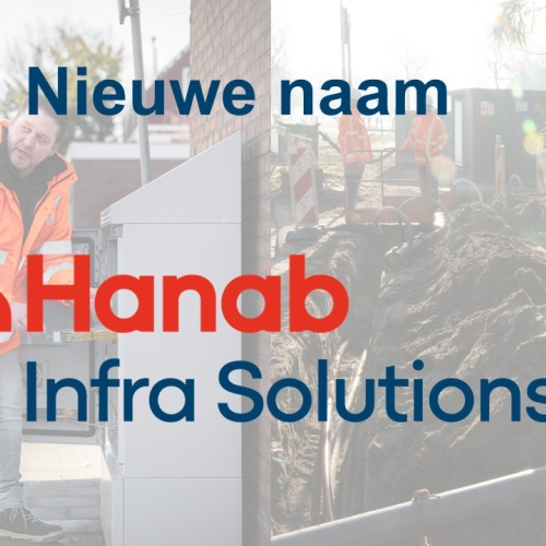 Nieuwe naam: Hanab Infra Solutions, op de achtergrond 2 monteurs bij een OAP-kast 