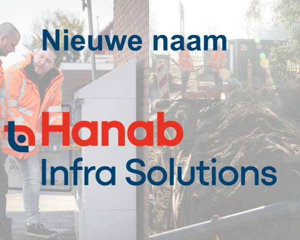 Nieuwe naam: Hanab Infra Solutions, op de achtergrond 2 monteurs bij een OAP-kast 